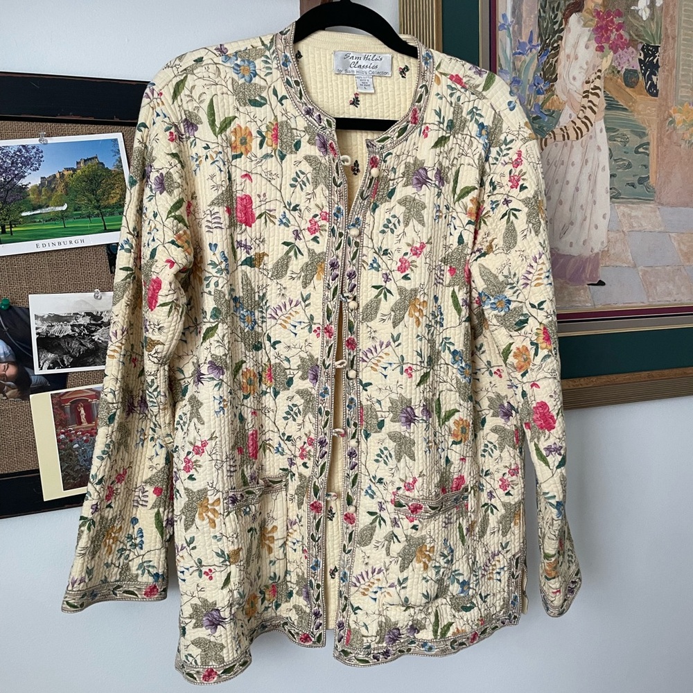 vintage gardencore quilted floral patterned button down jacket ivory size L - Picture 9 of 10